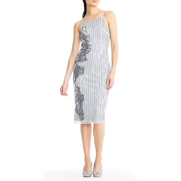 NEW Adrianna‎ Papell [ 4 US ] Floral Beaded Midi Dress in Bridal Silver - Picture 13 of 13